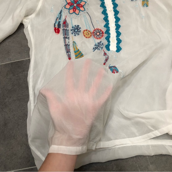 Johnny Was white sheer embroidered blouse button dream catcher dandelion feather - Picture 3 of 10